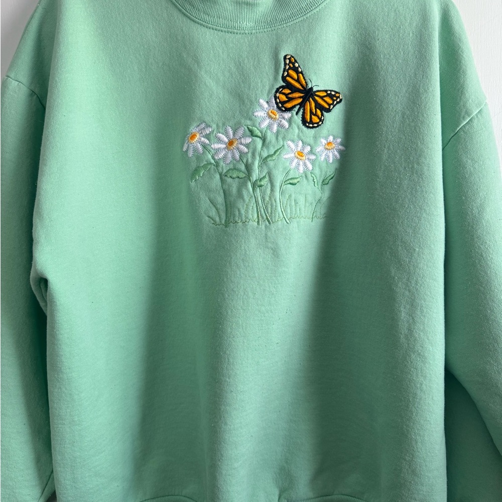 Beautiful Green Sweater with Embroidered Butterfly and Flowers